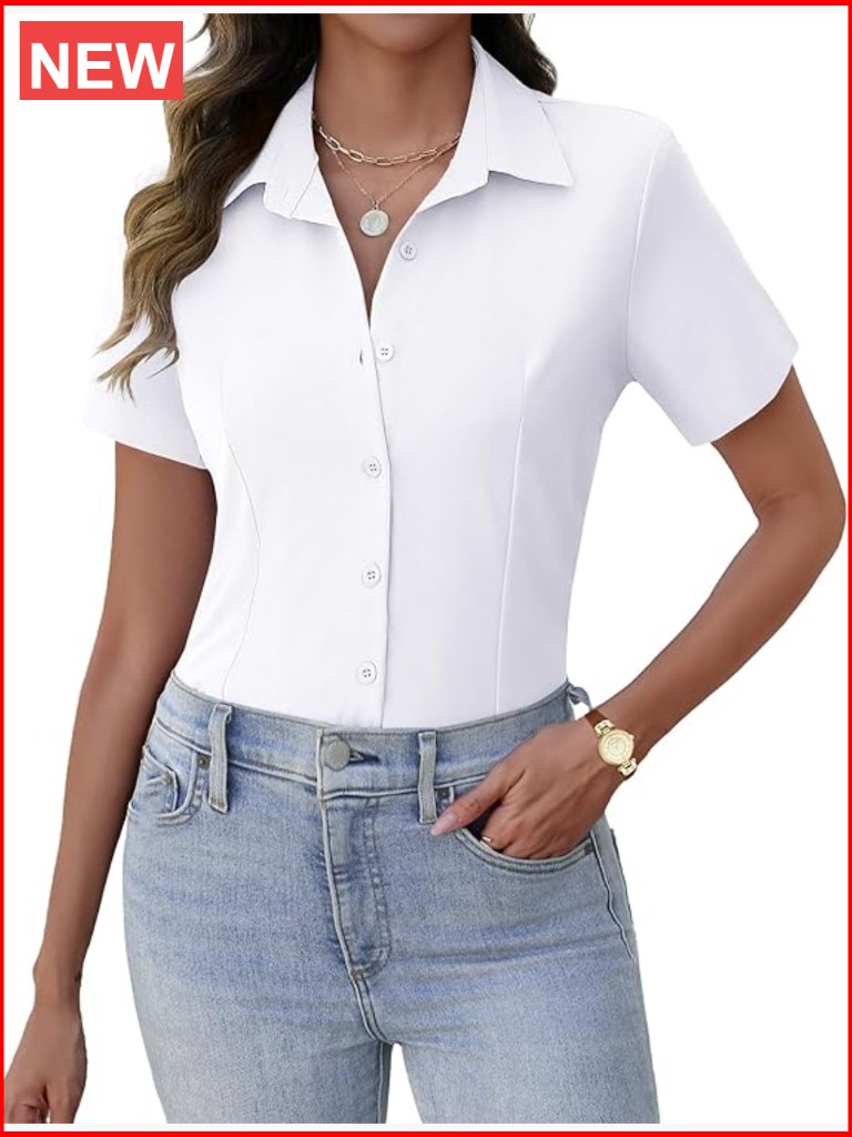 Polyester Button Down Shirt Short Sleeve Business Blouse